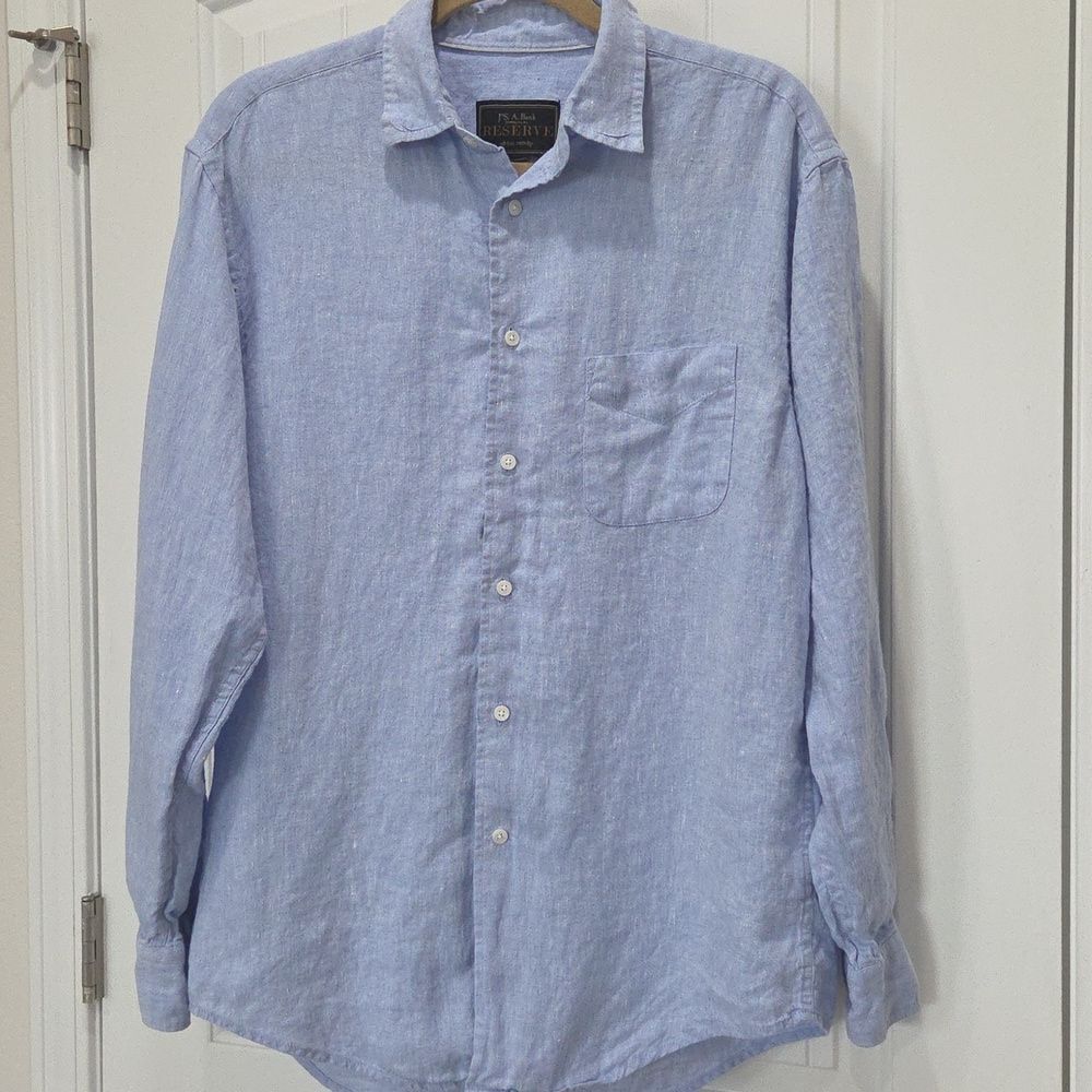 Jos A Bank Shirt Men's Med, Blue 100% Linen Button Up Casual Long Sleeve Beach